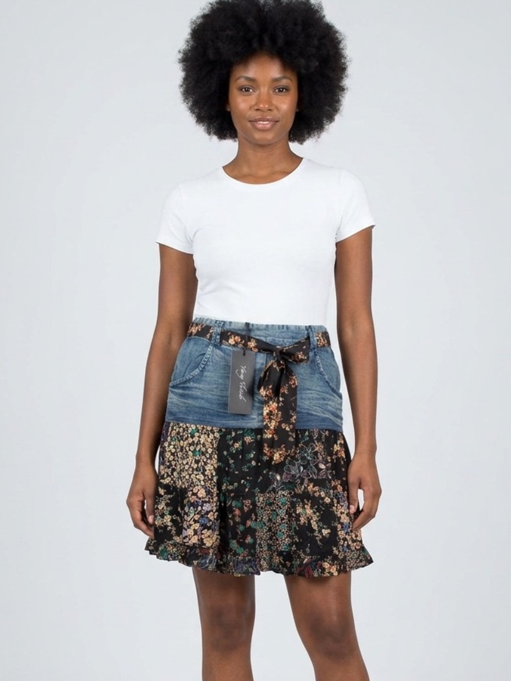 “The Maribelle” Denim-Trim Floral Mini Skirt - Black Floral